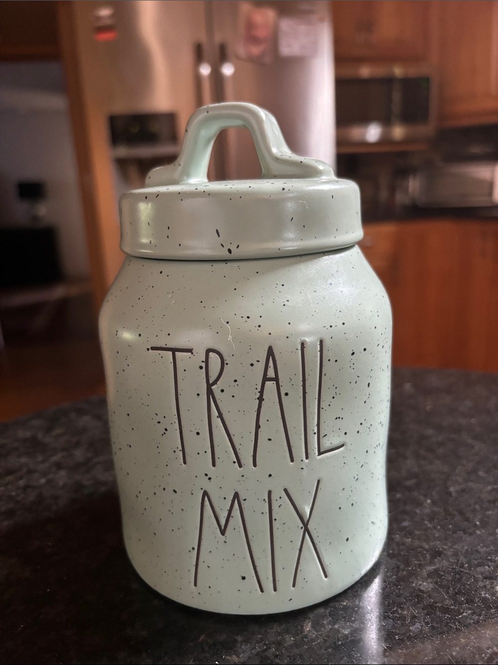 Rae Dunn Mint Speckled 'TRAIL MIX' Ceramic Canister